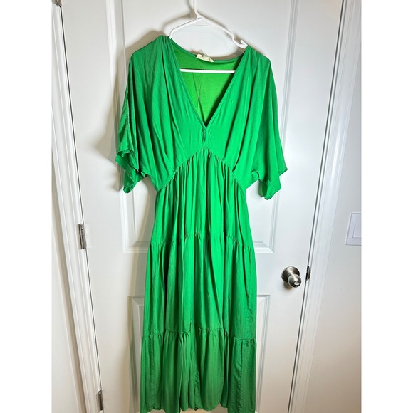 Entro Green Maxi Dress Womens L Flowy Tiered V Neck Dolman Sleeve Boho - Picture 1 of 4